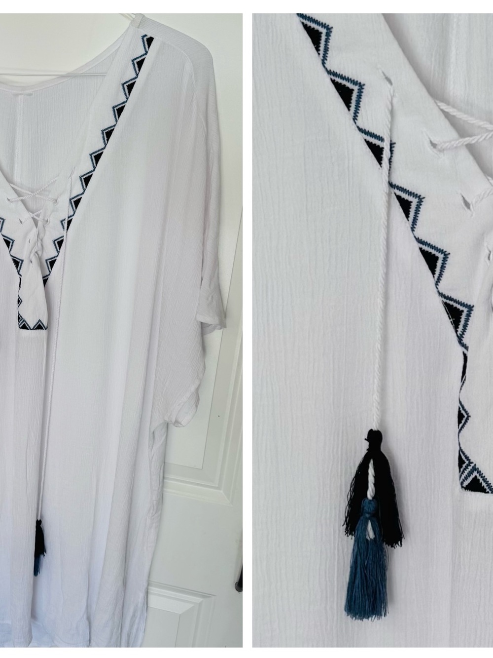 Women's White Embroidered V-Neck Tunic with Tassel Detail